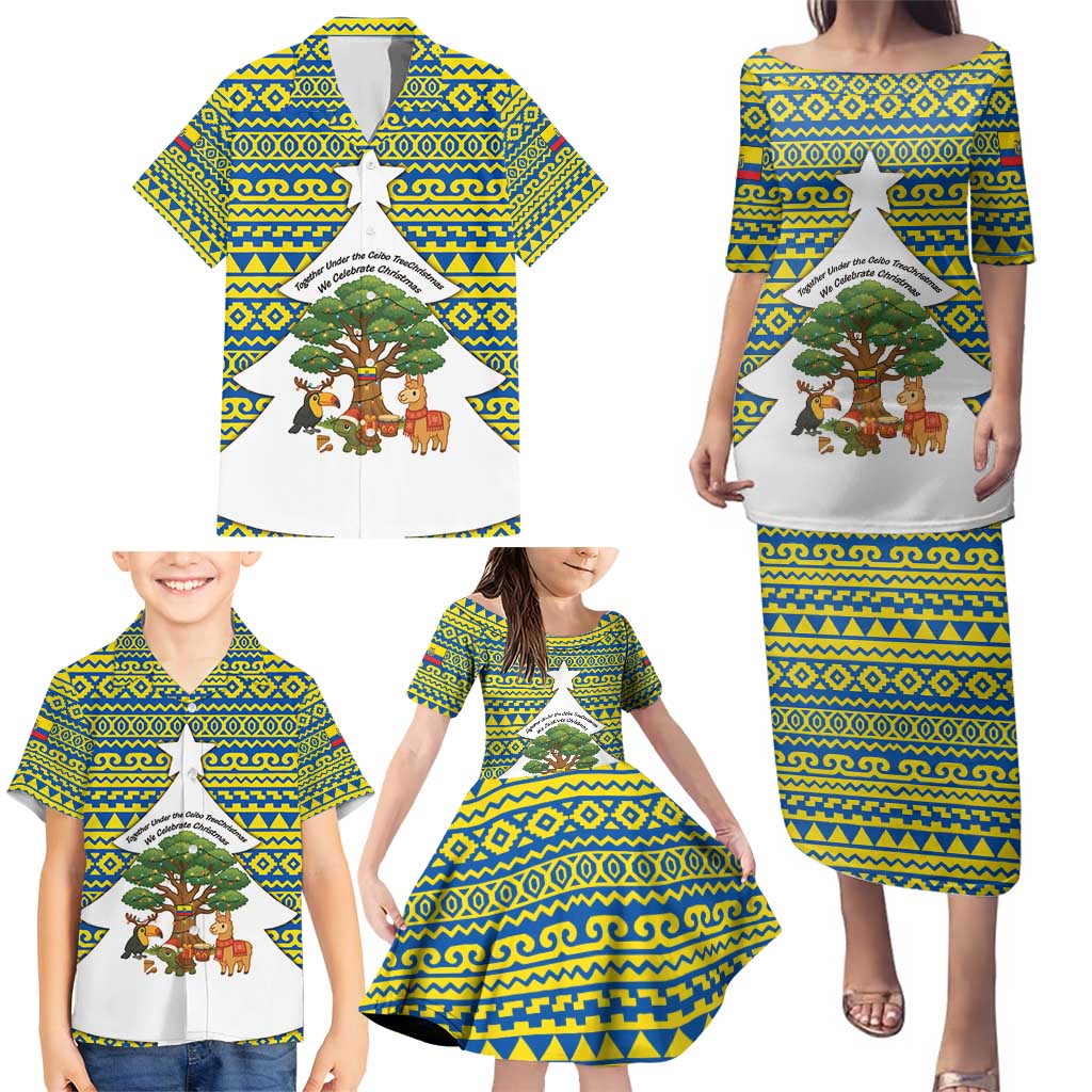 Ecuador Christmas Family Matching Puletasi and Hawaiian Shirt with Ceibo Tree Llama Toucan and Traditional Yellow Blue Pattern Design - Wonder Print Shop