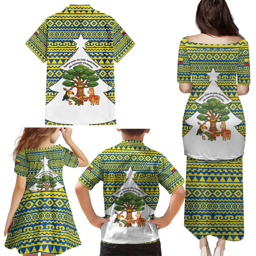 Ecuador Christmas Family Matching Puletasi and Hawaiian Shirt with Ceibo Tree Llama Toucan and Traditional Yellow Blue Pattern Design - Wonder Print Shop