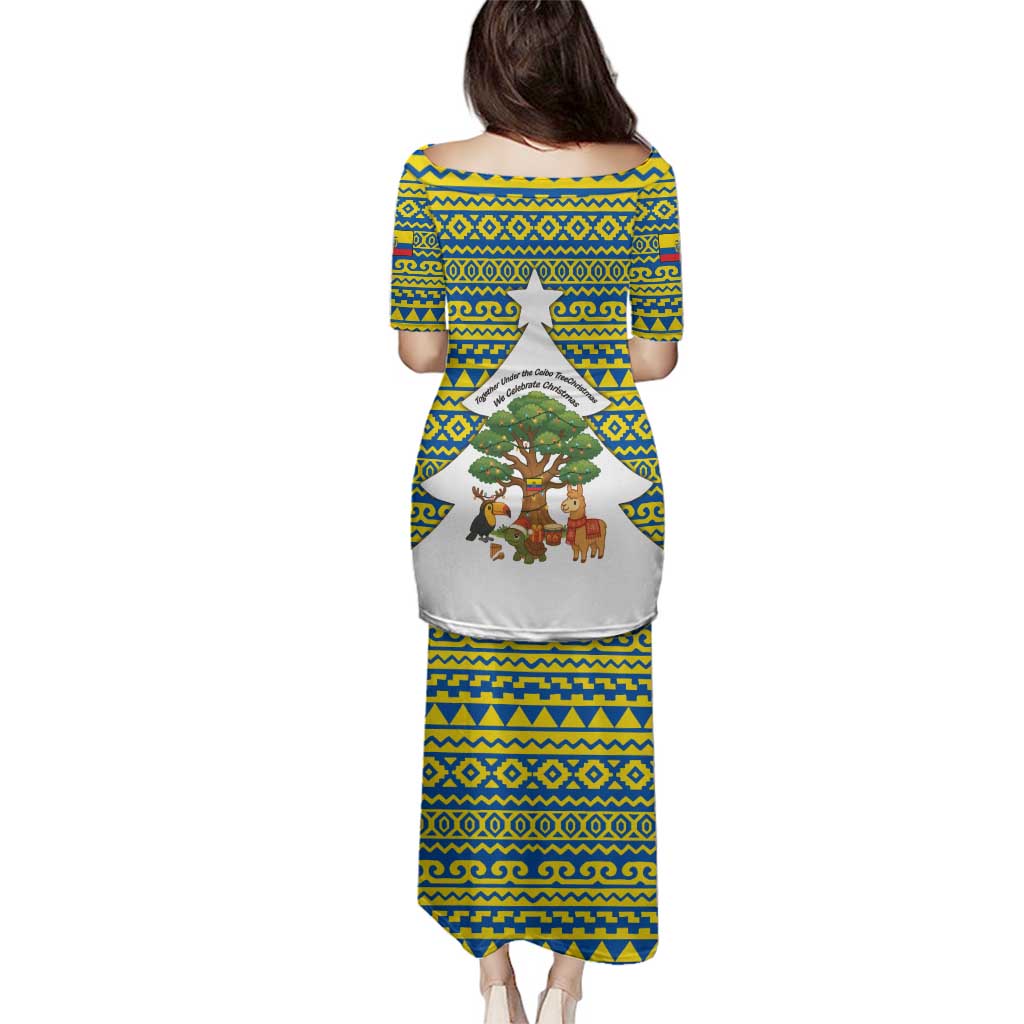 Ecuador Christmas Family Matching Puletasi and Hawaiian Shirt with Ceibo Tree Llama Toucan and Traditional Yellow Blue Pattern Design - Wonder Print Shop