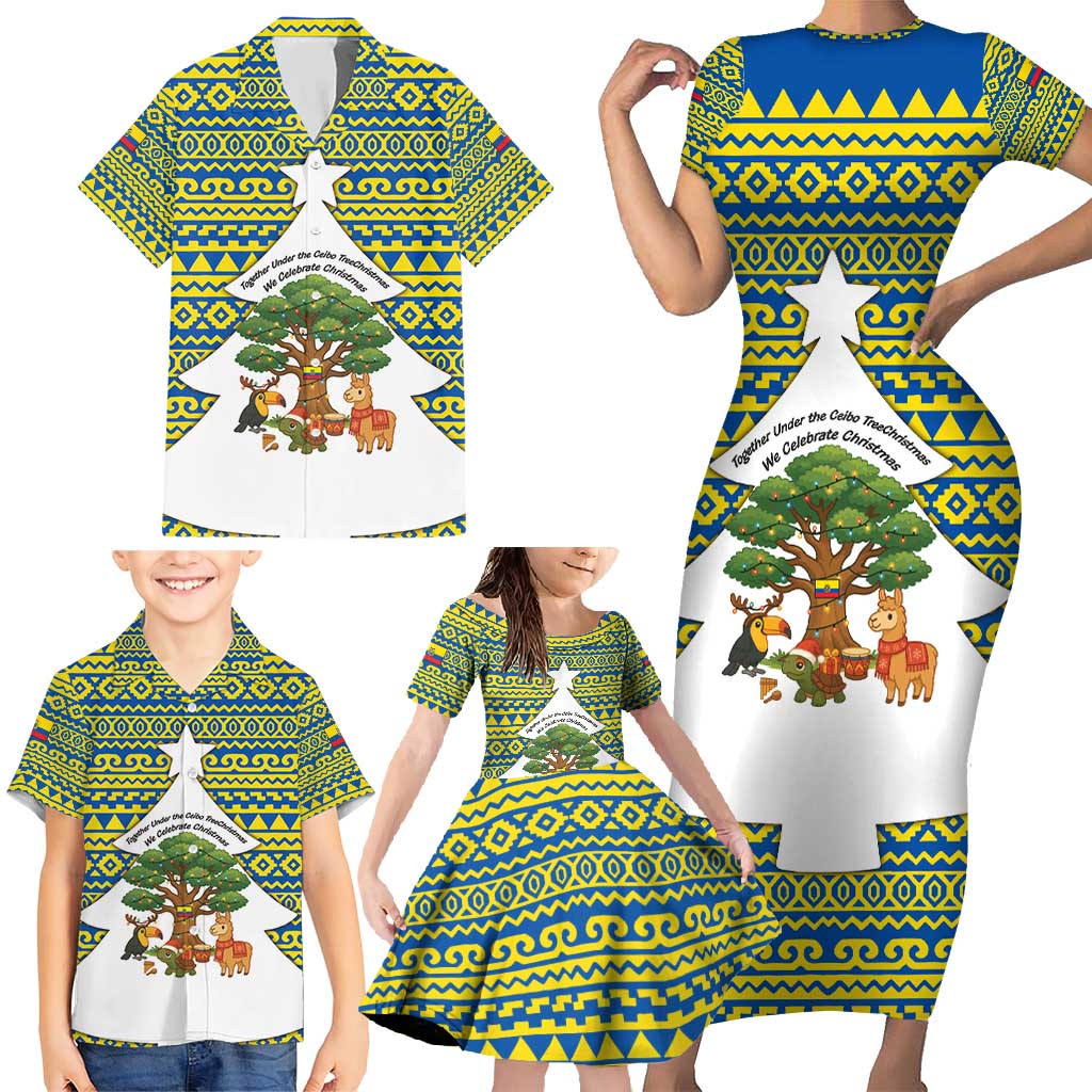 Ecuador Christmas Family Matching Short Sleeve Bodycon Dress and Hawaiian Shirt with Ceibo Tree Llama Toucan and Traditional Yellow Blue Pattern Design - Wonder Print Shop