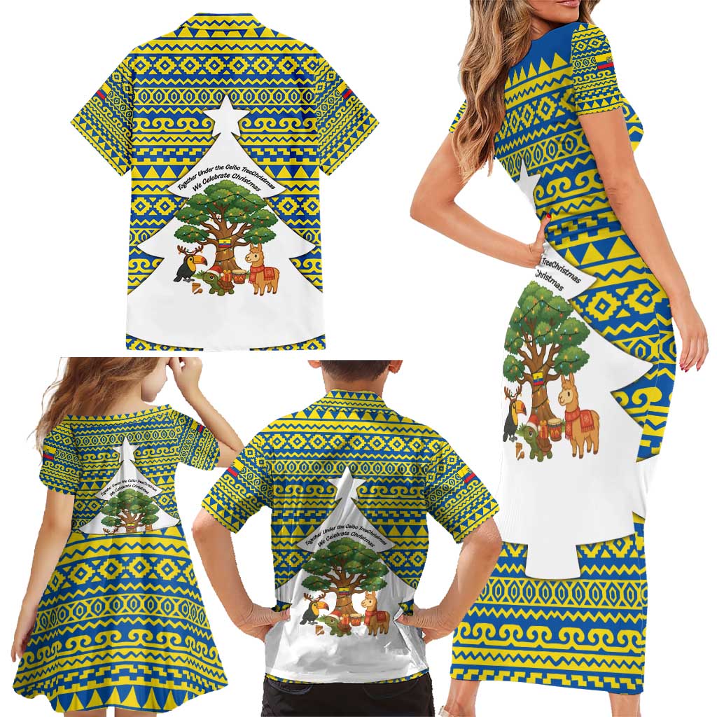 Ecuador Christmas Family Matching Short Sleeve Bodycon Dress and Hawaiian Shirt with Ceibo Tree Llama Toucan and Traditional Yellow Blue Pattern Design - Wonder Print Shop