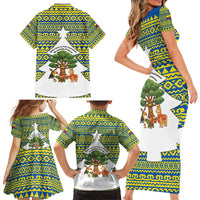 Ecuador Christmas Family Matching Short Sleeve Bodycon Dress and Hawaiian Shirt with Ceibo Tree Llama Toucan and Traditional Yellow Blue Pattern Design - Wonder Print Shop