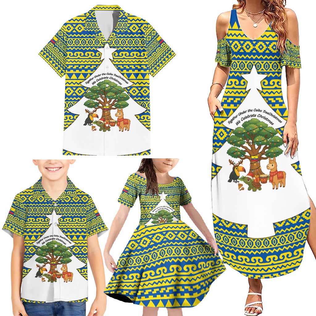 Ecuador Christmas Family Matching Summer Maxi Dress and Hawaiian Shirt with Ceibo Tree Llama Toucan and Traditional Yellow Blue Pattern Design - Wonder Print Shop