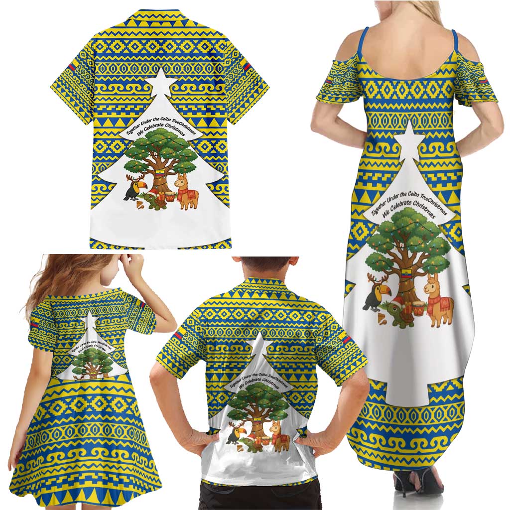 Ecuador Christmas Family Matching Summer Maxi Dress and Hawaiian Shirt with Ceibo Tree Llama Toucan and Traditional Yellow Blue Pattern Design - Wonder Print Shop