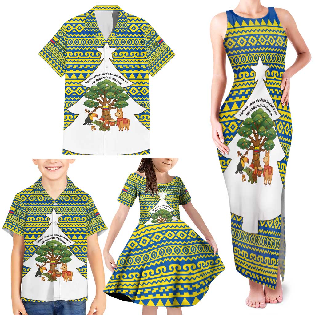Ecuador Christmas Family Matching Tank Maxi Dress and Hawaiian Shirt with Ceibo Tree Llama Toucan and Traditional Yellow Blue Pattern Design - Wonder Print Shop