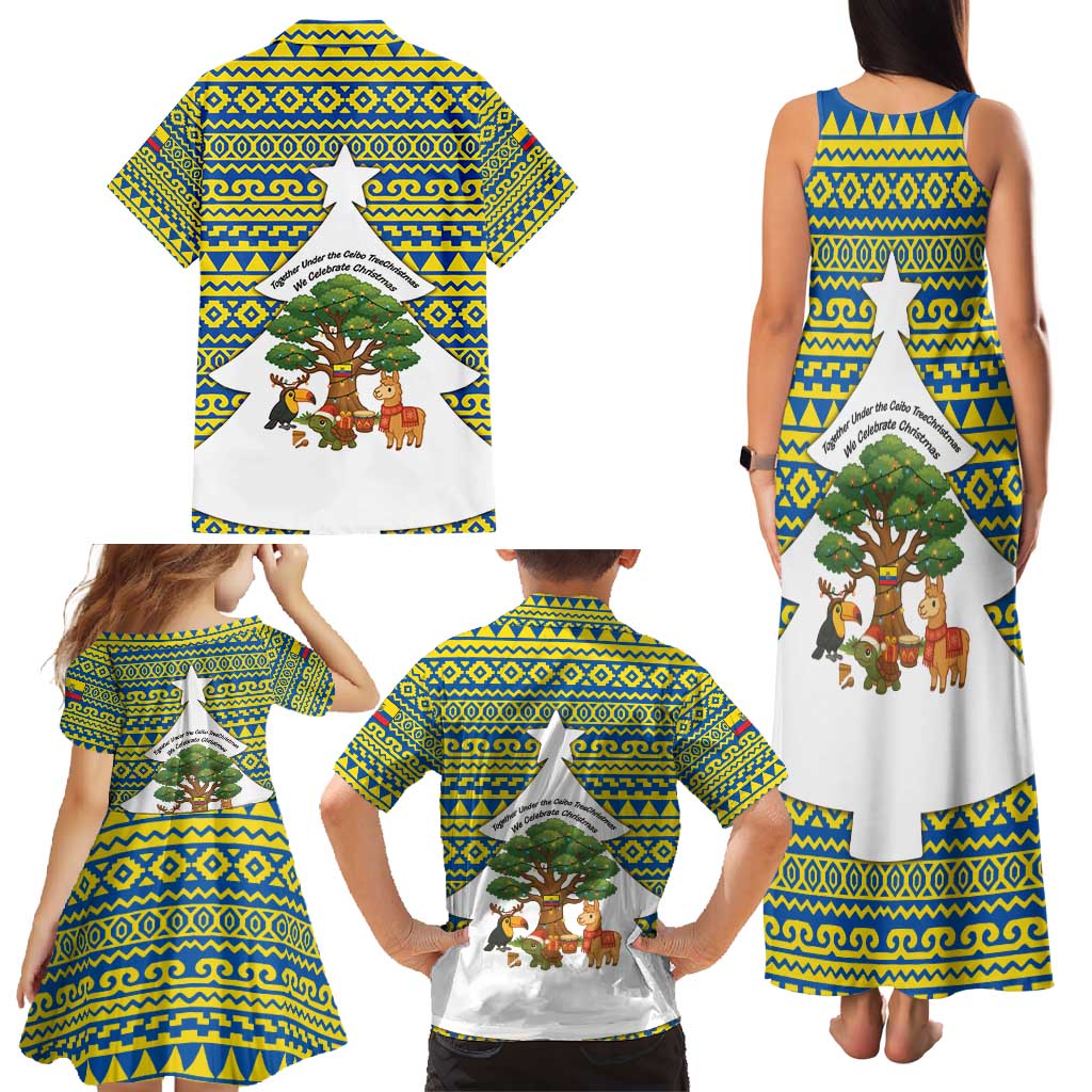 Ecuador Christmas Family Matching Tank Maxi Dress and Hawaiian Shirt with Ceibo Tree Llama Toucan and Traditional Yellow Blue Pattern Design - Wonder Print Shop