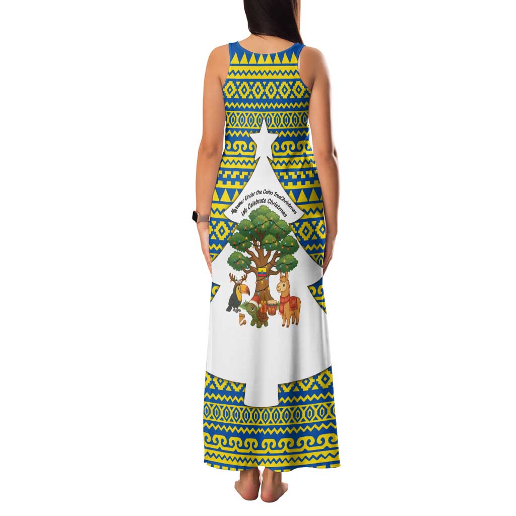 Ecuador Christmas Family Matching Tank Maxi Dress and Hawaiian Shirt with Ceibo Tree Llama Toucan and Traditional Yellow Blue Pattern Design - Wonder Print Shop