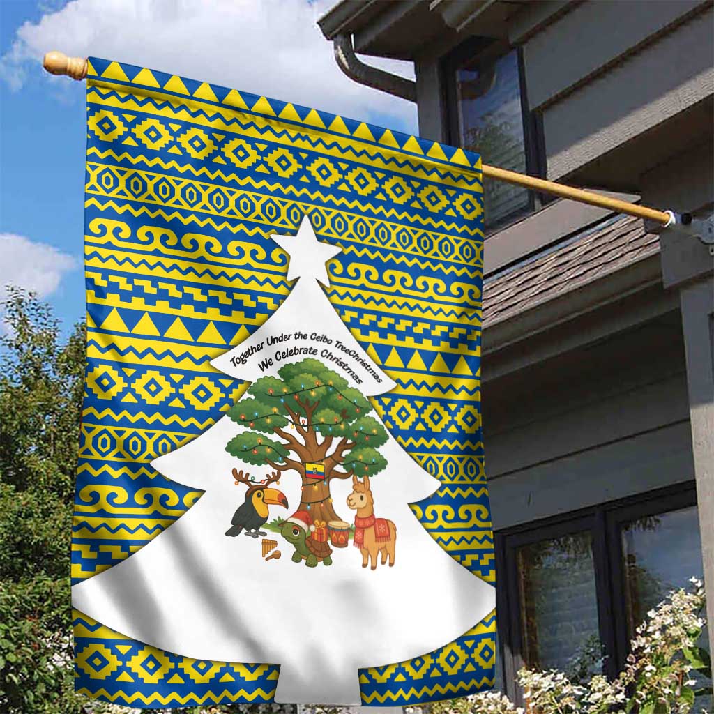 Ecuador Christmas Garden Flag with Ceibo Tree Llama Toucan and Traditional Yellow Blue Pattern Design - Wonder Print Shop