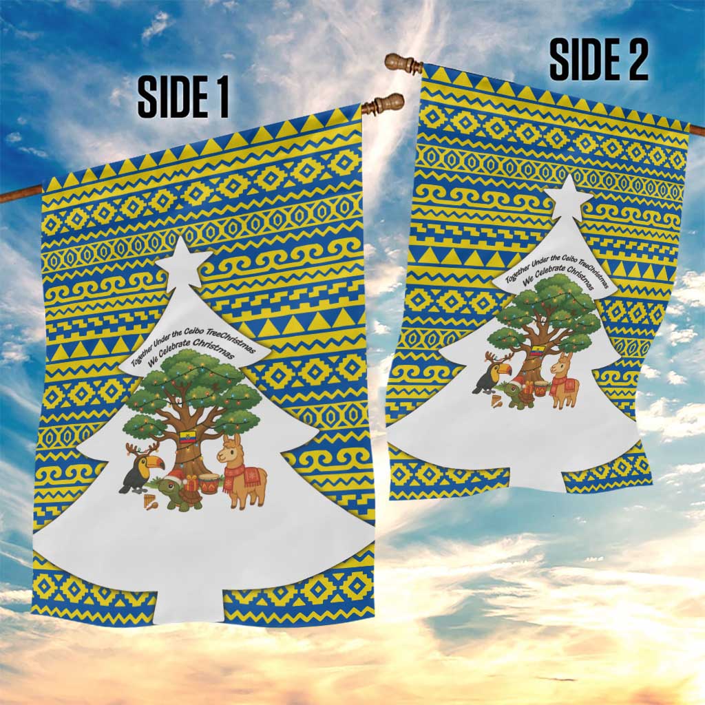 Ecuador Christmas Garden Flag with Ceibo Tree Llama Toucan and Traditional Yellow Blue Pattern Design - Wonder Print Shop
