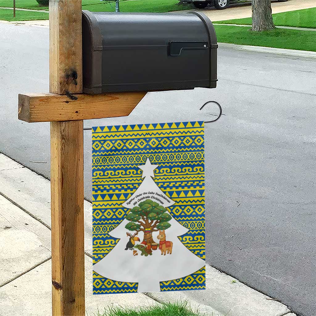 Ecuador Christmas Garden Flag with Ceibo Tree Llama Toucan and Traditional Yellow Blue Pattern Design - Wonder Print Shop