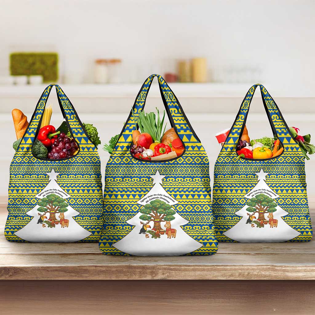 Ecuador Christmas Grocery Bag with Ceibo Tree Llama Toucan and Traditional Yellow Blue Pattern Design - Wonder Print Shop