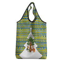 Ecuador Christmas Grocery Bag with Ceibo Tree Llama Toucan and Traditional Yellow Blue Pattern Design - Wonder Print Shop