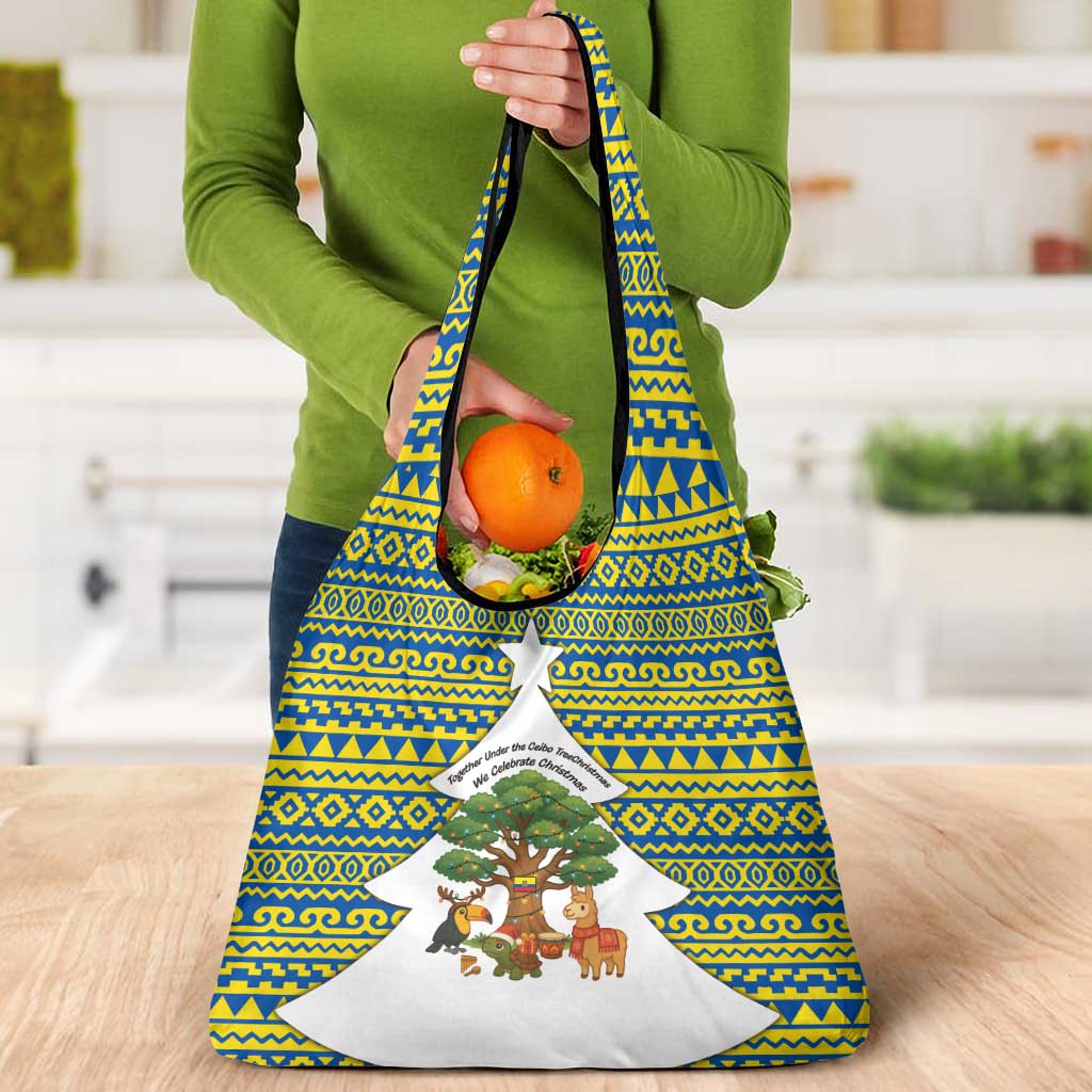 Ecuador Christmas Grocery Bag with Ceibo Tree Llama Toucan and Traditional Yellow Blue Pattern Design - Wonder Print Shop