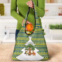 Ecuador Christmas Grocery Bag with Ceibo Tree Llama Toucan and Traditional Yellow Blue Pattern Design - Wonder Print Shop