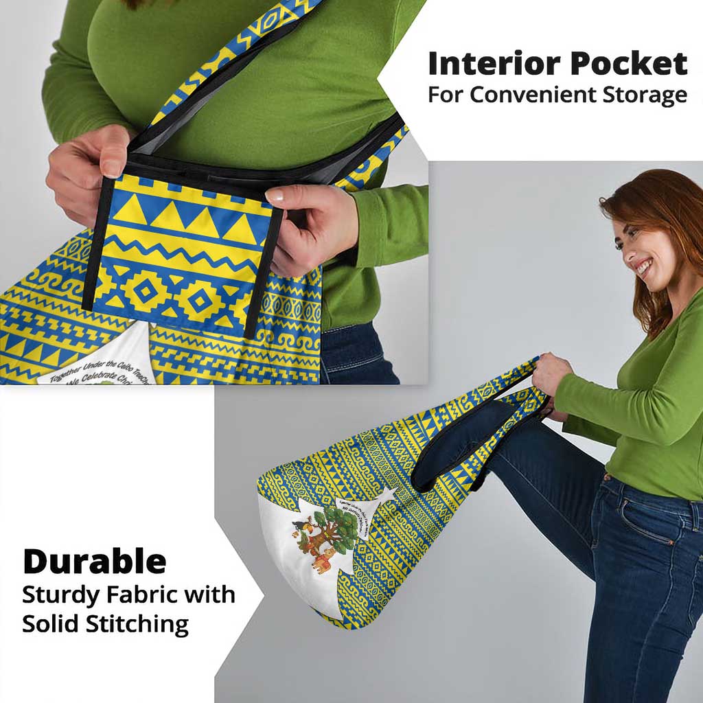 Ecuador Christmas Grocery Bag with Ceibo Tree Llama Toucan and Traditional Yellow Blue Pattern Design - Wonder Print Shop