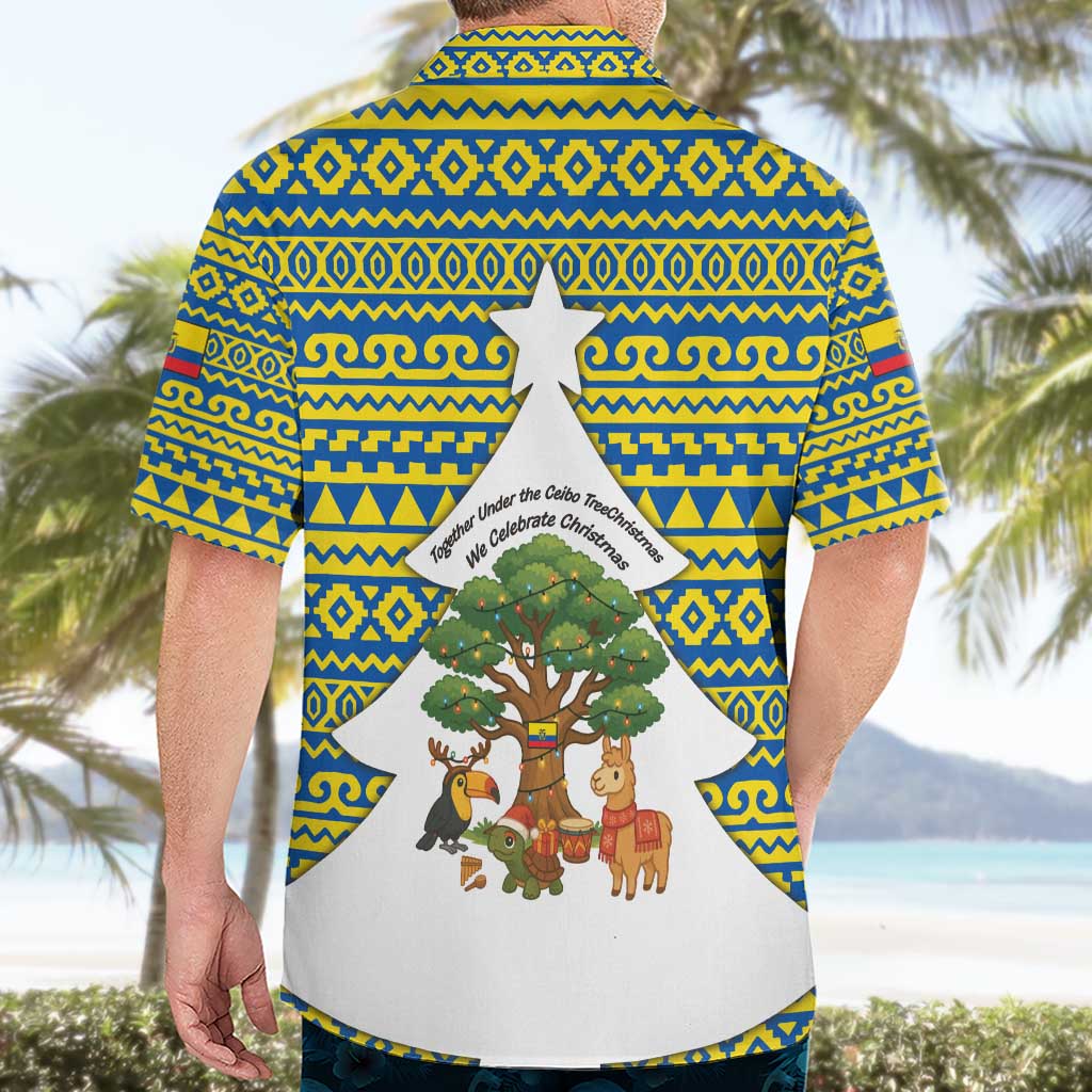 Ecuador Christmas Hawaiian Shirt with Ceibo Tree Llama Toucan and Traditional Yellow Blue Pattern Design - Wonder Print Shop
