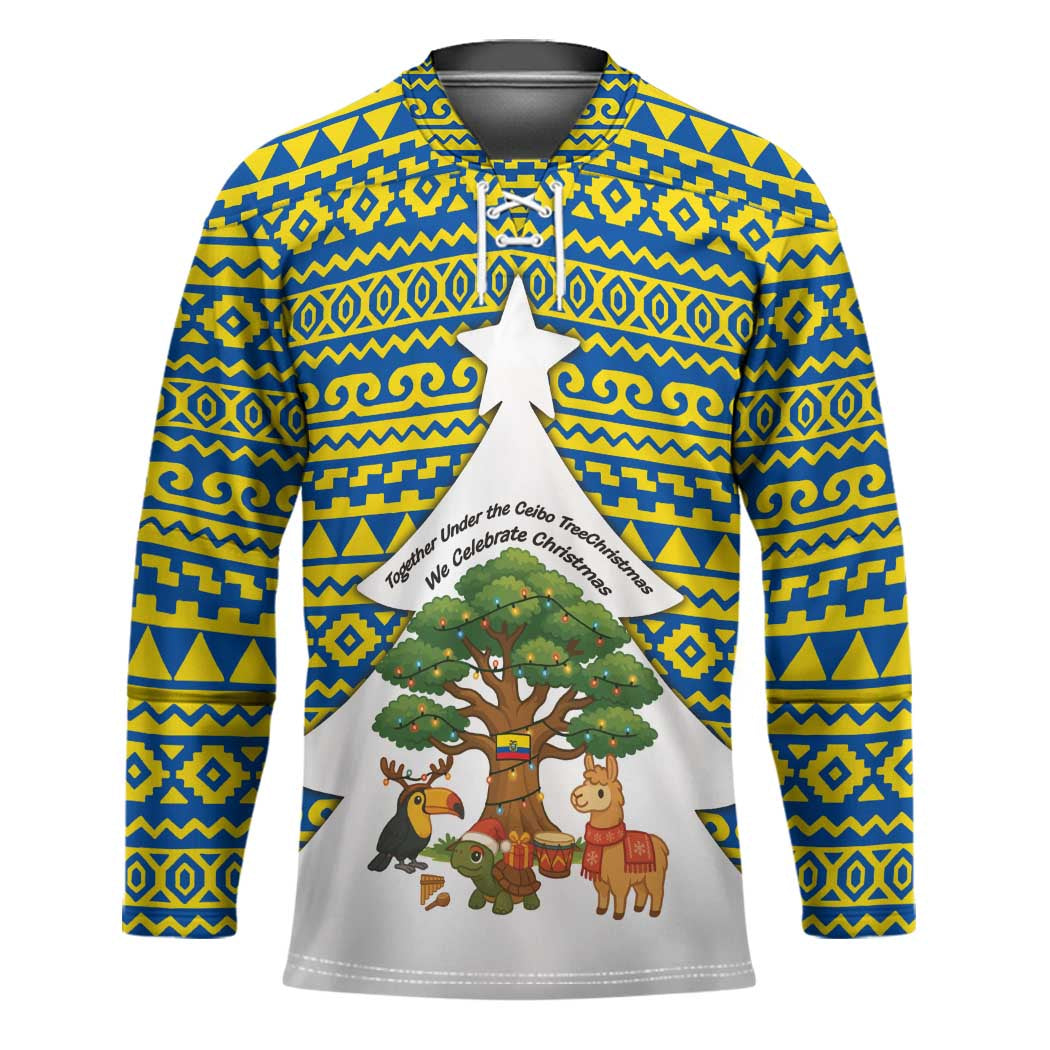 Ecuador Christmas Hockey Jersey with Ceibo Tree Llama Toucan and Traditional Yellow Blue Pattern Design - Wonder Print Shop