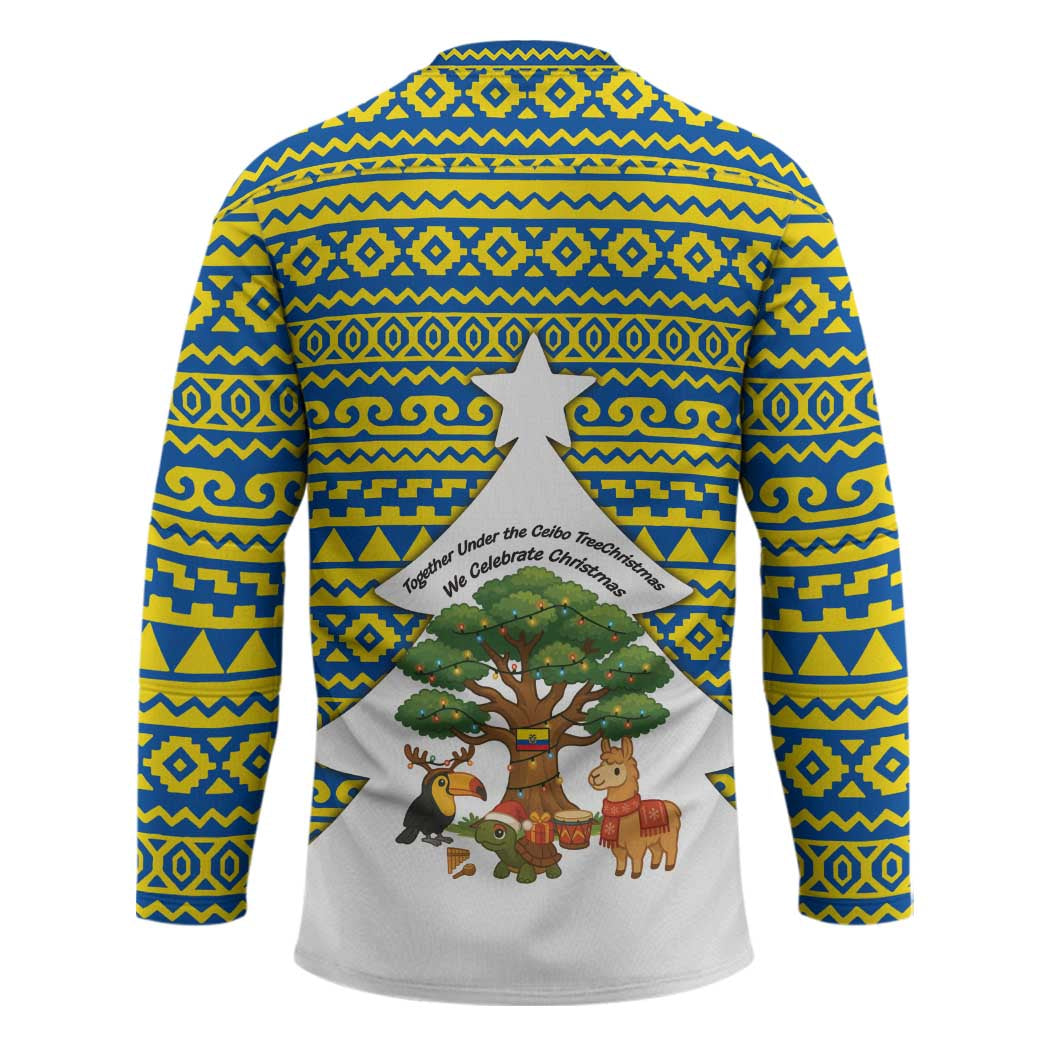 Ecuador Christmas Hockey Jersey with Ceibo Tree Llama Toucan and Traditional Yellow Blue Pattern Design - Wonder Print Shop