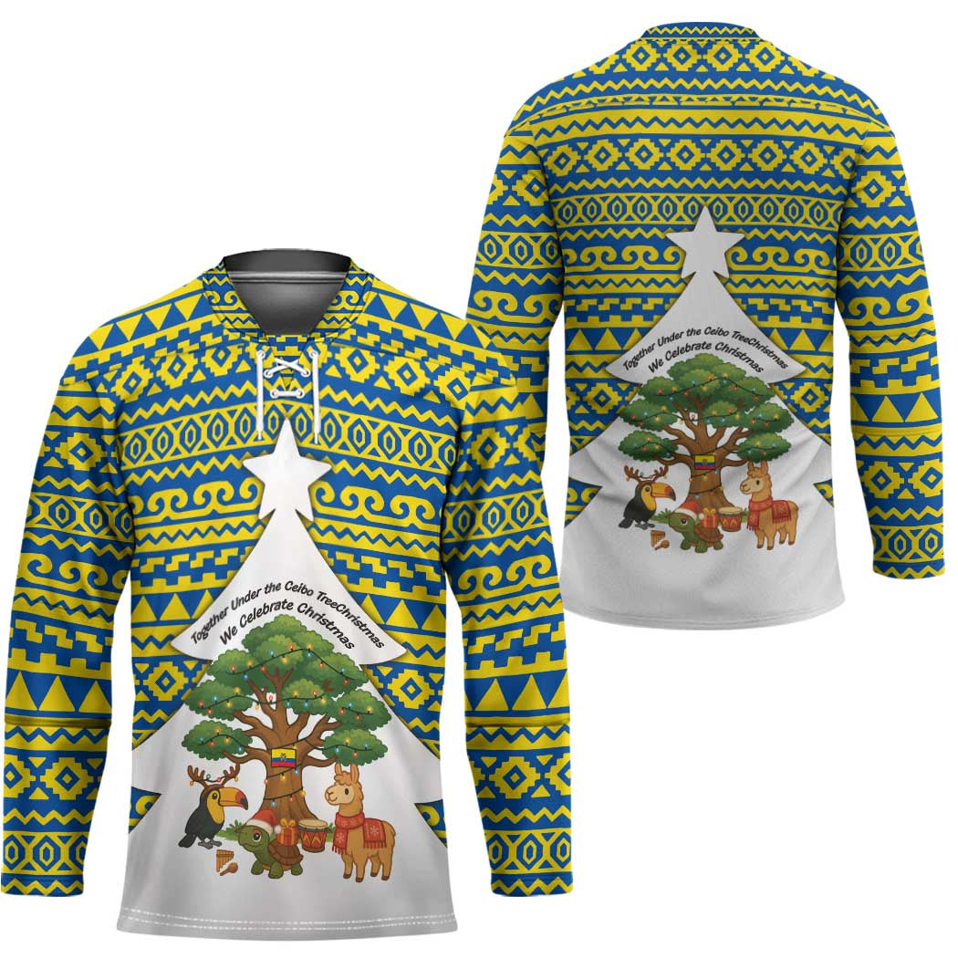Ecuador Christmas Hockey Jersey with Ceibo Tree Llama Toucan and Traditional Yellow Blue Pattern Design - Wonder Print Shop