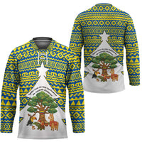 Ecuador Christmas Hockey Jersey with Ceibo Tree Llama Toucan and Traditional Yellow Blue Pattern Design - Wonder Print Shop
