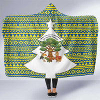 Ecuador Christmas Hooded Blanket with Ceibo Tree Llama Toucan and Traditional Yellow Blue Pattern Design - Wonder Print Shop