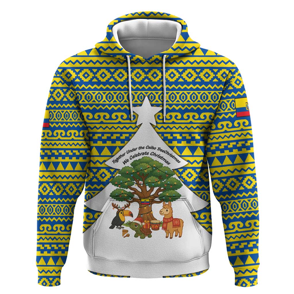 Ecuador Christmas Hoodie with Ceibo Tree Llama Toucan and Traditional Yellow Blue Pattern Design - Wonder Print Shop