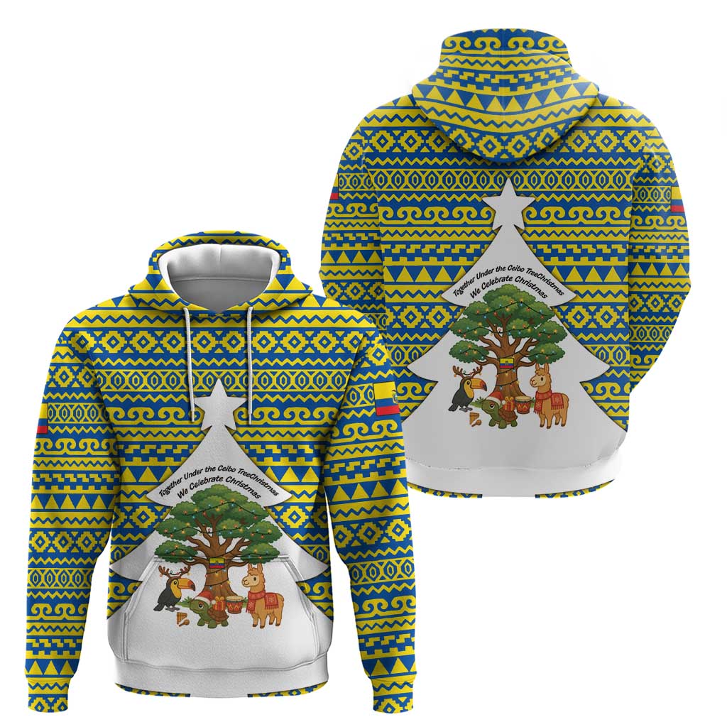 Ecuador Christmas Hoodie with Ceibo Tree Llama Toucan and Traditional Yellow Blue Pattern Design - Wonder Print Shop