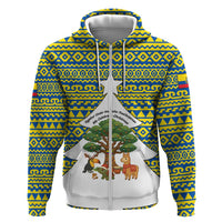 Ecuador Christmas Hoodie with Ceibo Tree Llama Toucan and Traditional Yellow Blue Pattern Design - Wonder Print Shop