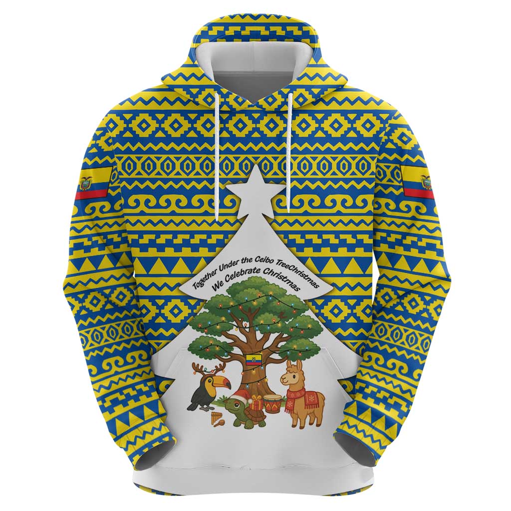 Ecuador Christmas Hoodie with Ceibo Tree Llama Toucan and Traditional Yellow Blue Pattern Design - Wonder Print Shop