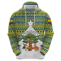 Ecuador Christmas Hoodie with Ceibo Tree Llama Toucan and Traditional Yellow Blue Pattern Design - Wonder Print Shop