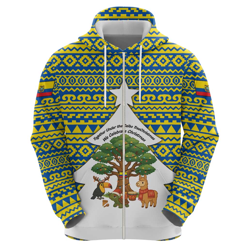 Ecuador Christmas Hoodie with Ceibo Tree Llama Toucan and Traditional Yellow Blue Pattern Design - Wonder Print Shop