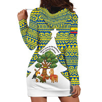 Ecuador Christmas Hoodie Dress with Ceibo Tree Llama Toucan and Traditional Yellow Blue Pattern Design - Wonder Print Shop