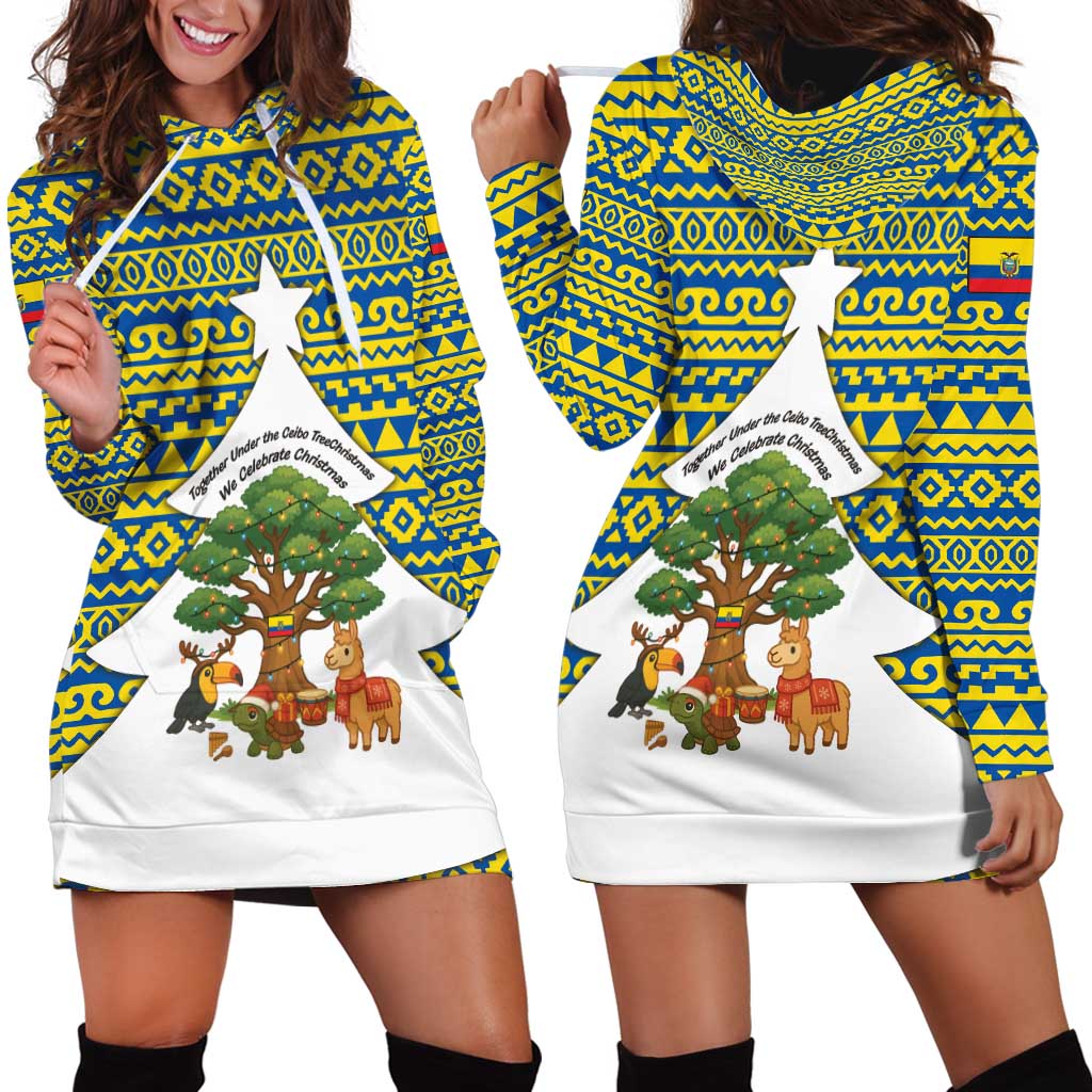 Ecuador Christmas Hoodie Dress with Ceibo Tree Llama Toucan and Traditional Yellow Blue Pattern Design - Wonder Print Shop