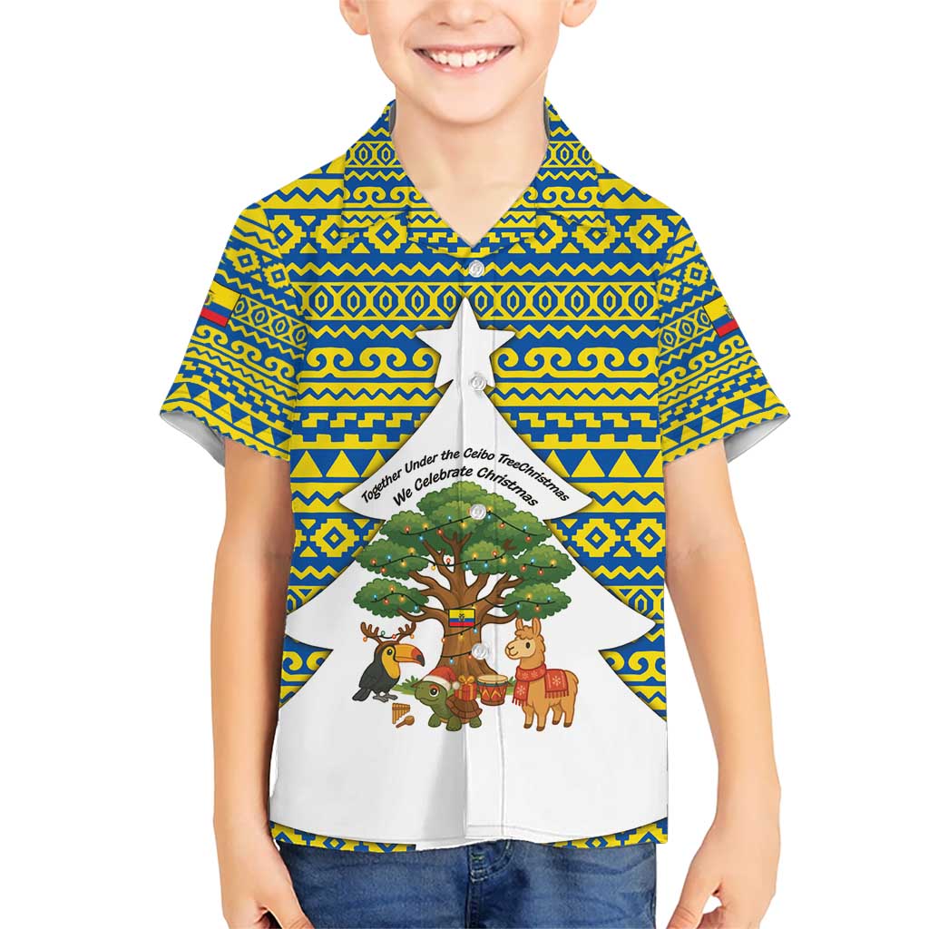 Ecuador Christmas Kid Hawaiian Shirt with Ceibo Tree Llama Toucan and Traditional Yellow Blue Pattern Design - Wonder Print Shop