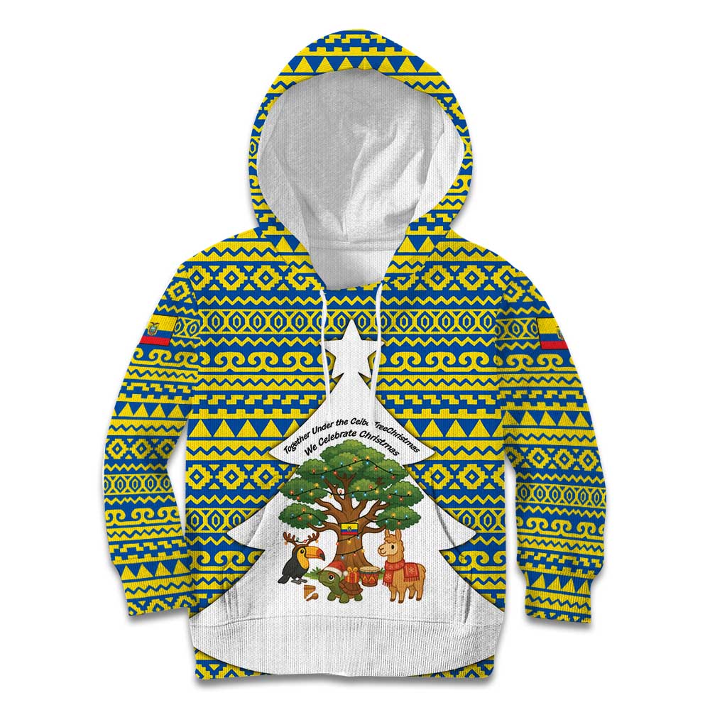 Ecuador Christmas Kid Hoodie with Ceibo Tree Llama Toucan and Traditional Yellow Blue Pattern Design - Wonder Print Shop