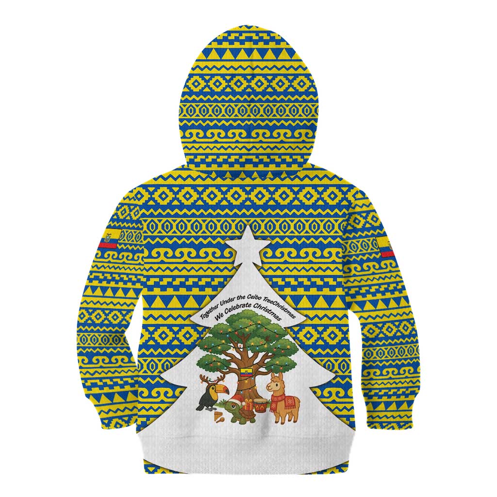 Ecuador Christmas Kid Hoodie with Ceibo Tree Llama Toucan and Traditional Yellow Blue Pattern Design - Wonder Print Shop
