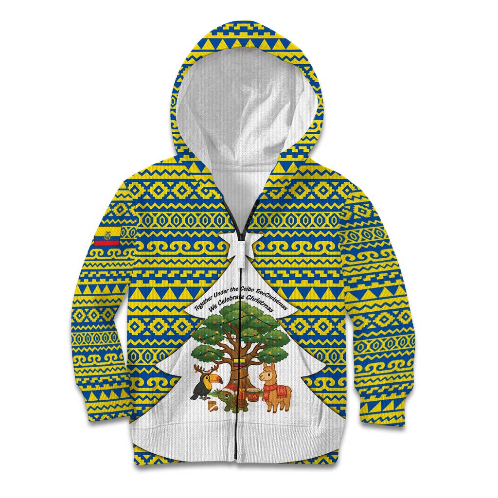 Ecuador Christmas Kid Hoodie with Ceibo Tree Llama Toucan and Traditional Yellow Blue Pattern Design - Wonder Print Shop