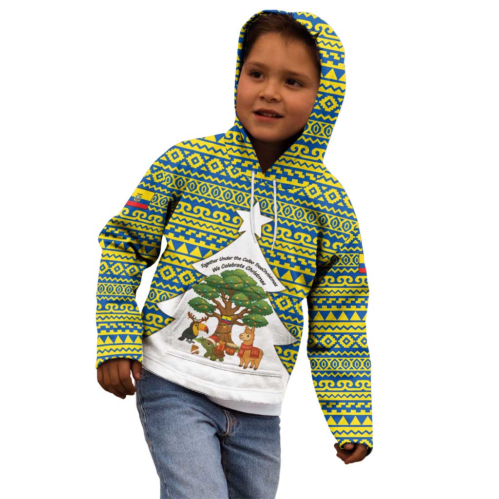 Ecuador Christmas Kid Hoodie with Ceibo Tree Llama Toucan and Traditional Yellow Blue Pattern Design - Wonder Print Shop