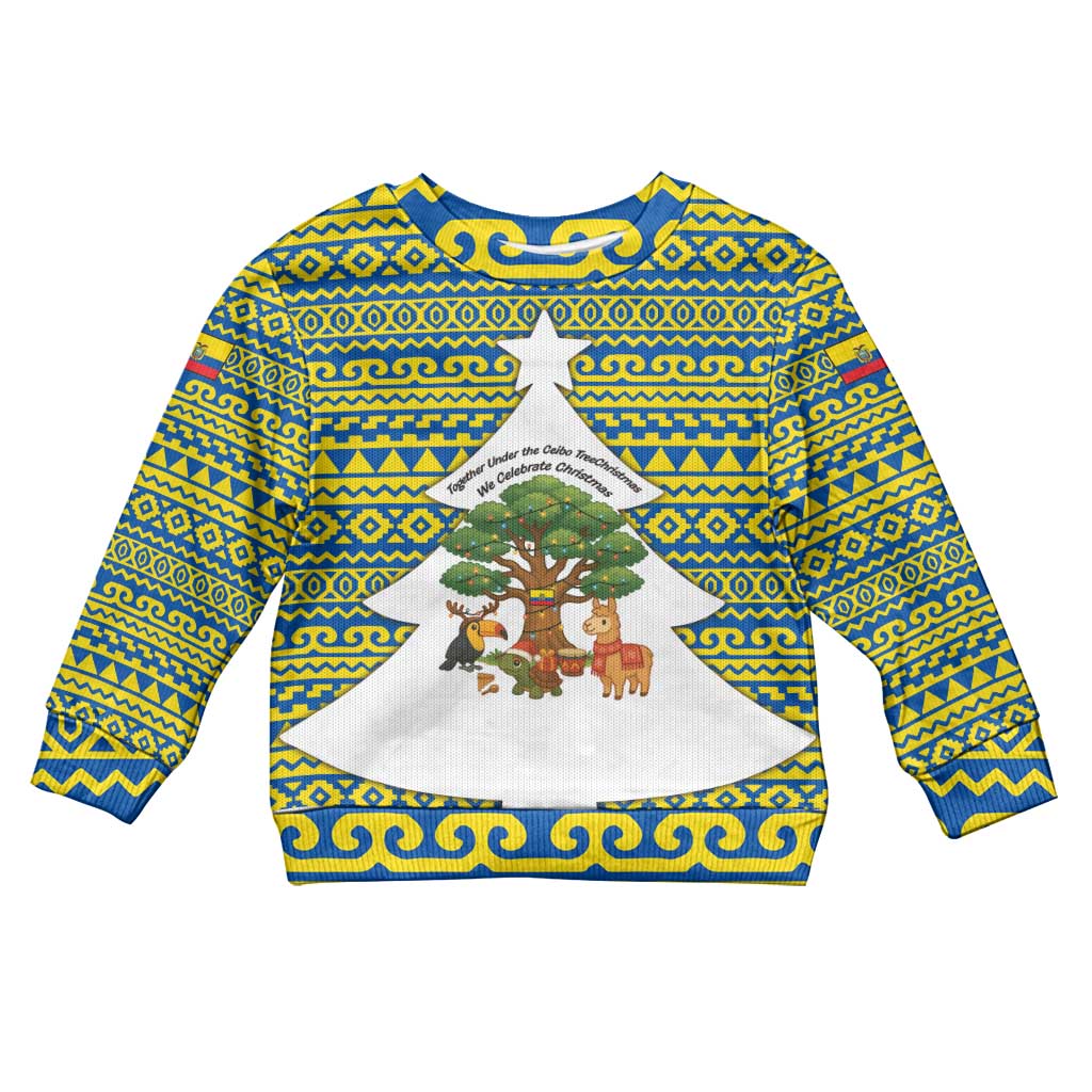 Ecuador Christmas Kid Ugly Christmas Sweater with Ceibo Tree Llama Toucan and Traditional Yellow Blue Pattern Design - Wonder Print Shop