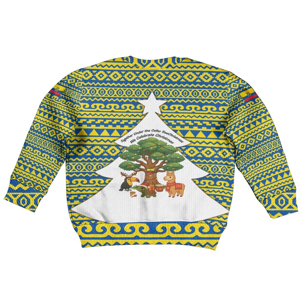 Ecuador Christmas Kid Ugly Christmas Sweater with Ceibo Tree Llama Toucan and Traditional Yellow Blue Pattern Design - Wonder Print Shop