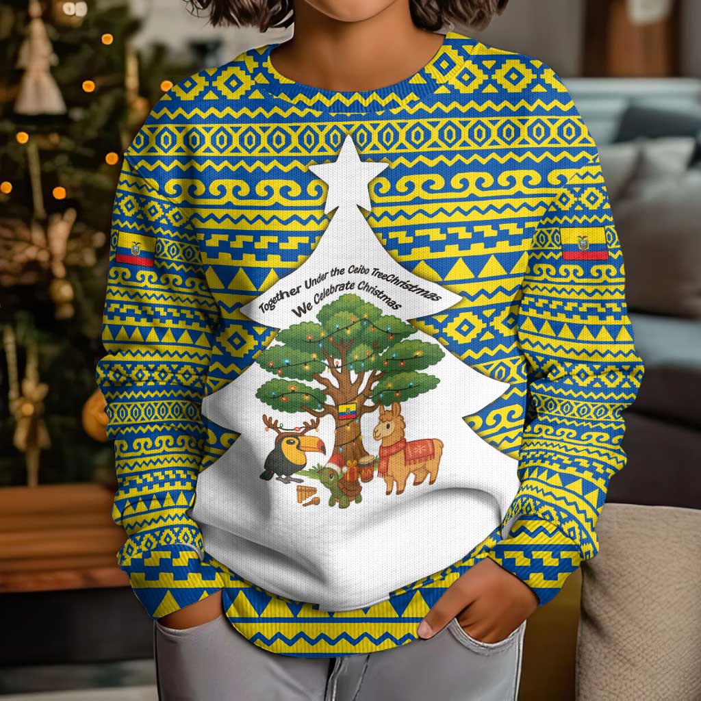 Ecuador Christmas Kid Ugly Christmas Sweater with Ceibo Tree Llama Toucan and Traditional Yellow Blue Pattern Design - Wonder Print Shop