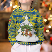 Ecuador Christmas Kid Ugly Christmas Sweater with Ceibo Tree Llama Toucan and Traditional Yellow Blue Pattern Design - Wonder Print Shop