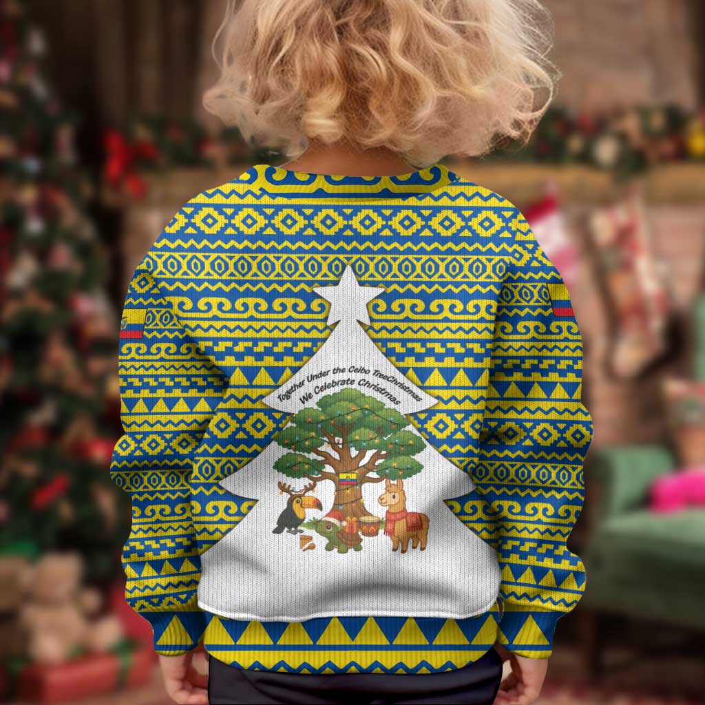 Ecuador Christmas Kid Ugly Christmas Sweater with Ceibo Tree Llama Toucan and Traditional Yellow Blue Pattern Design - Wonder Print Shop