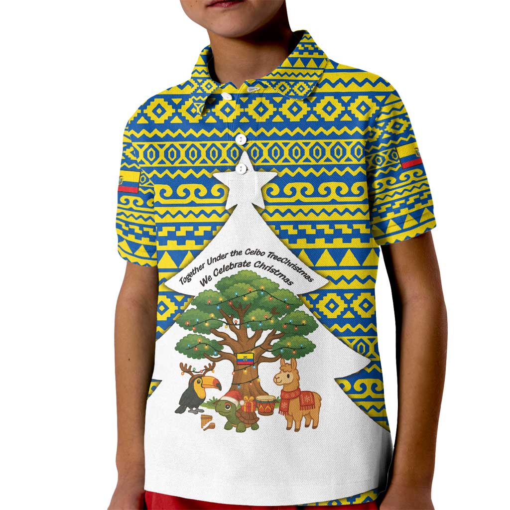 Ecuador Christmas Kid Polo Shirt with Ceibo Tree Llama Toucan and Traditional Yellow Blue Pattern Design - Wonder Print Shop