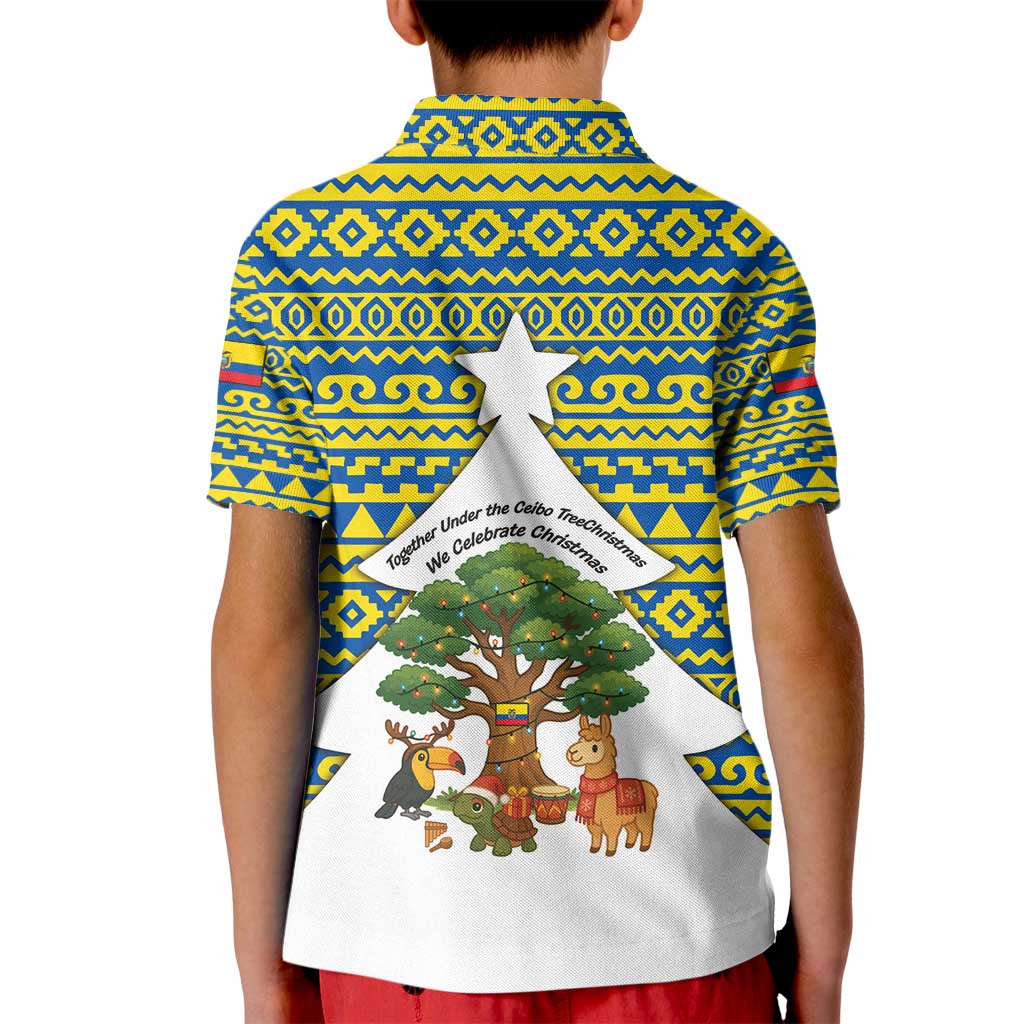Ecuador Christmas Kid Polo Shirt with Ceibo Tree Llama Toucan and Traditional Yellow Blue Pattern Design - Wonder Print Shop
