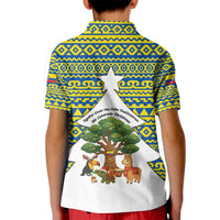 Ecuador Christmas Kid Polo Shirt with Ceibo Tree Llama Toucan and Traditional Yellow Blue Pattern Design - Wonder Print Shop