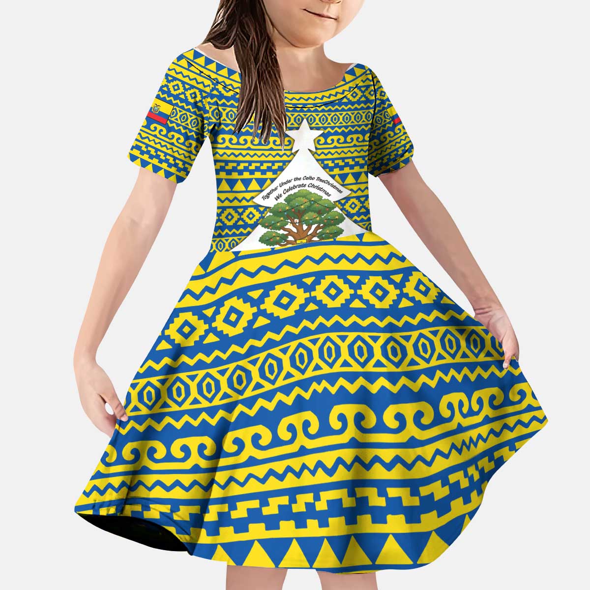 Ecuador Christmas Kid Short Sleeve Dress with Ceibo Tree Llama Toucan and Traditional Yellow Blue Pattern Design - Wonder Print Shop