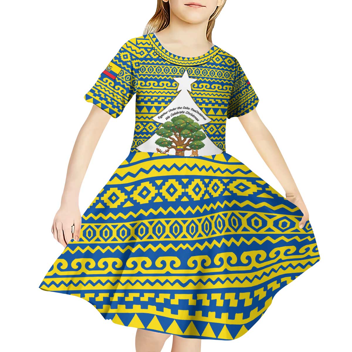 Ecuador Christmas Kid Short Sleeve Dress with Ceibo Tree Llama Toucan and Traditional Yellow Blue Pattern Design - Wonder Print Shop