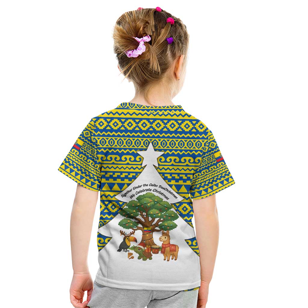 Ecuador Christmas Kid T Shirt with Ceibo Tree Llama Toucan and Traditional Yellow Blue Pattern Design - Wonder Print Shop