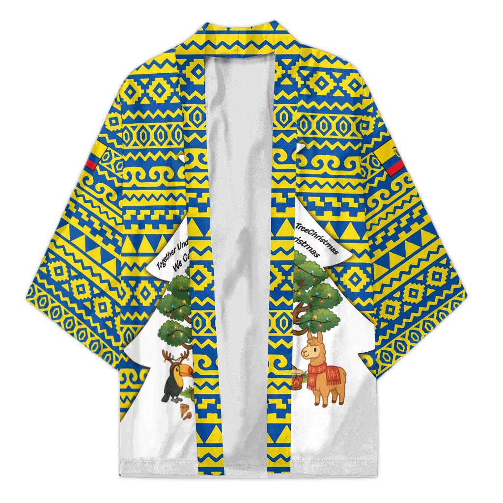 Ecuador Christmas Kimono with Ceibo Tree Llama Toucan and Traditional Yellow Blue Pattern Design - Wonder Print Shop